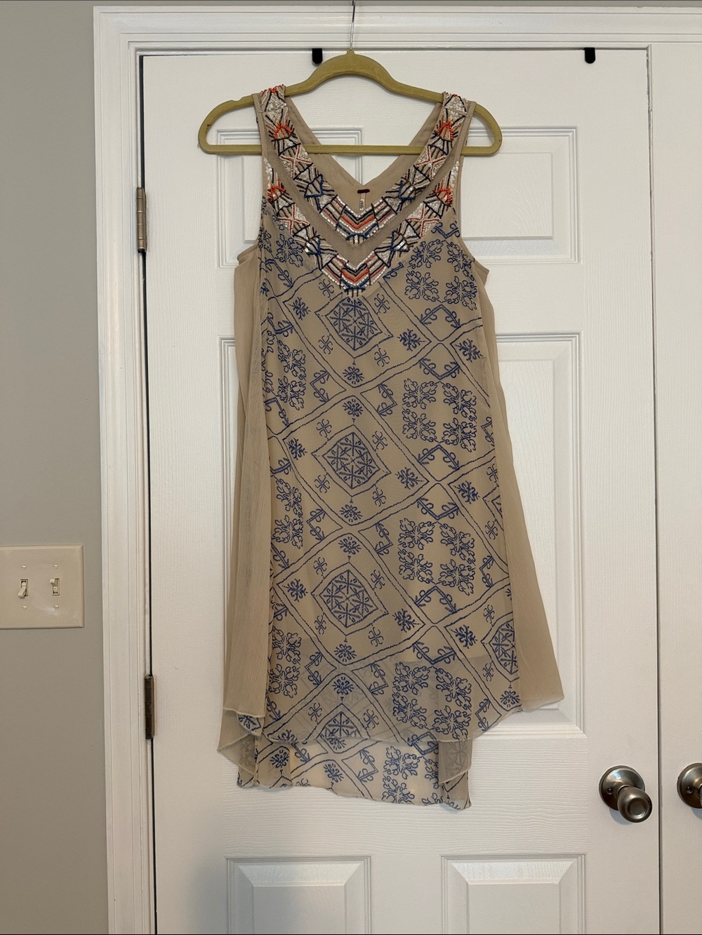 Free People Beige Sleeveless Geo-Print Dress with Embroidered Yoke